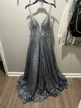 Dusty Blue Silver Sequin Beaded V-Neck Ball Gown